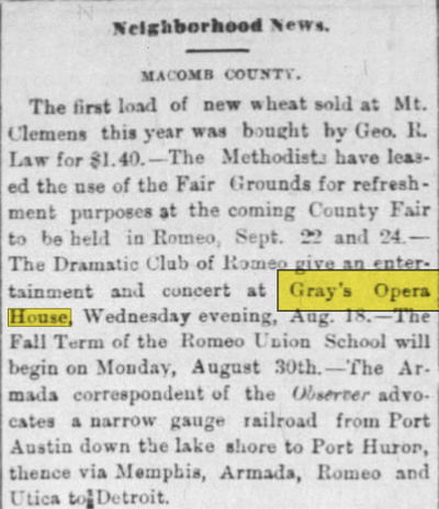 Grays Opera House - Aug 16 1875 Article